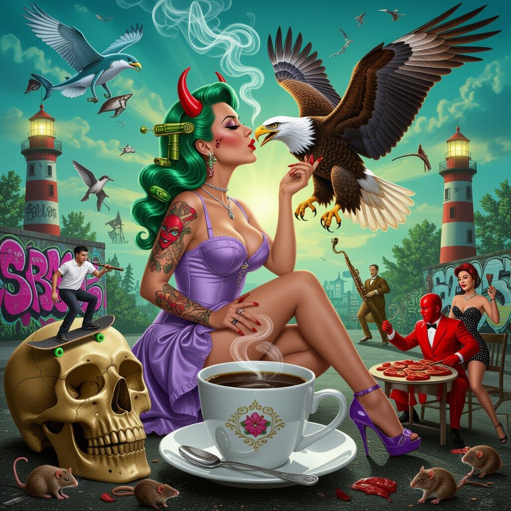 Surreal Cinematic Scene of Woman Kissing Eagle with Skateboa...