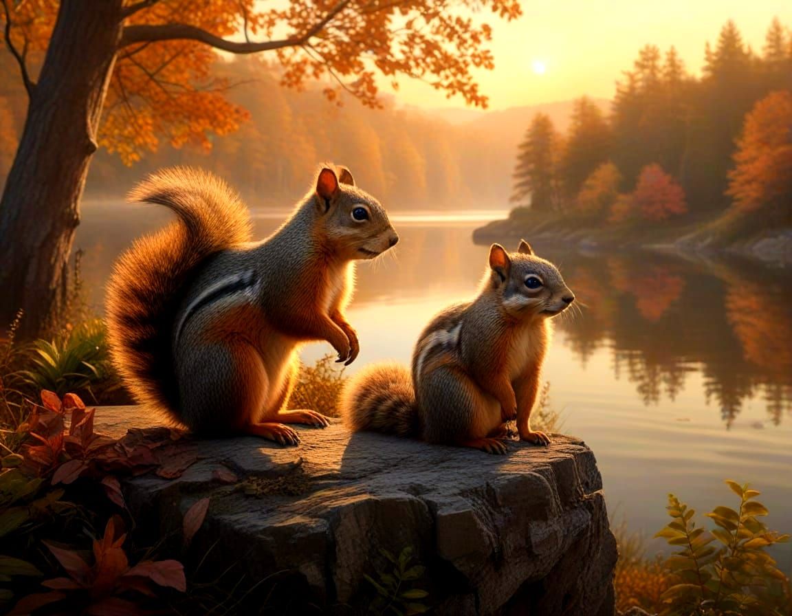 Squirrel and Raccoon Watch Autumn Sunset