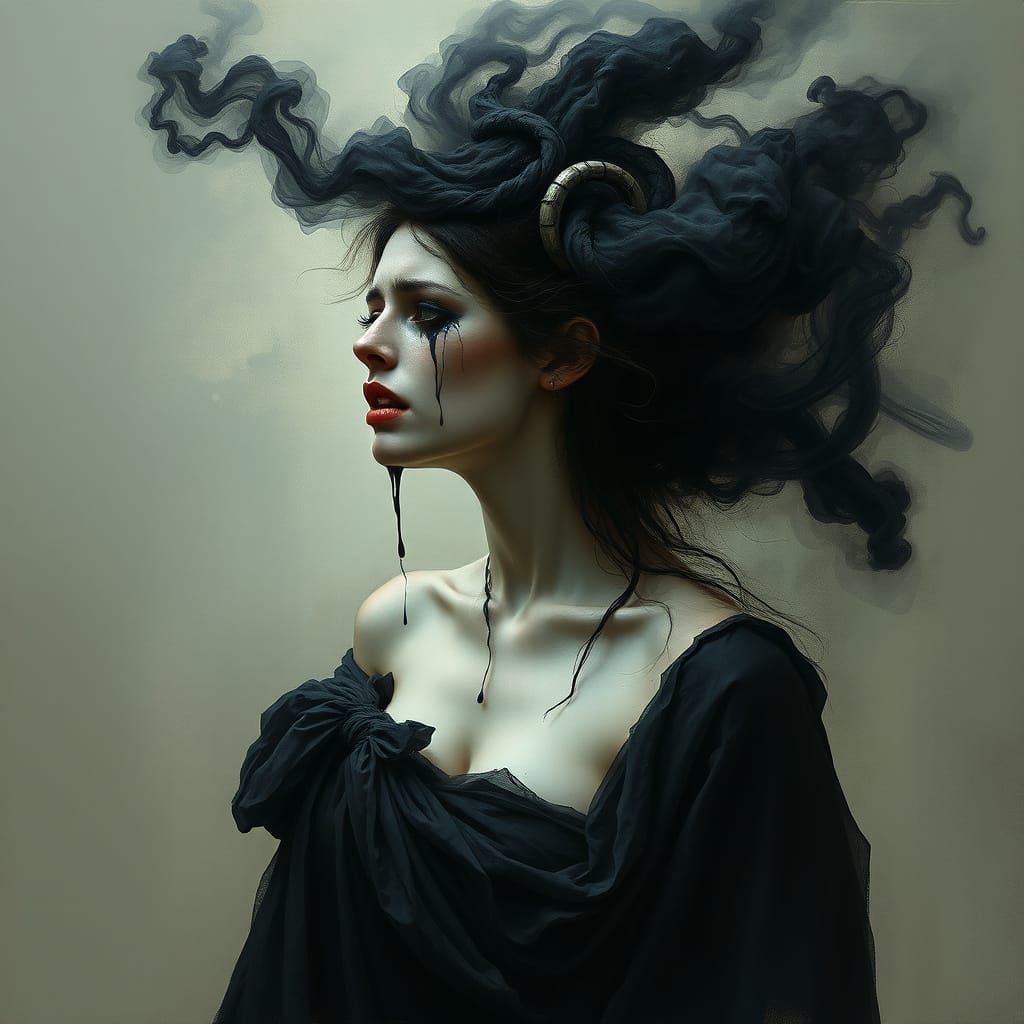 Surrealist Woman Weeps Black Tears Amid Dark, Ominous Smoke