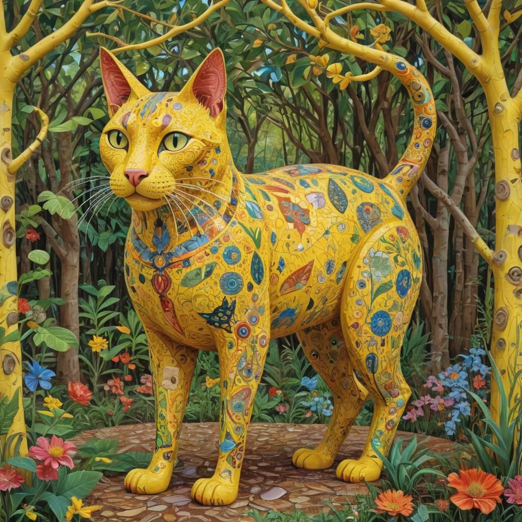 Bright Yellow Cat Folk Art Illustration