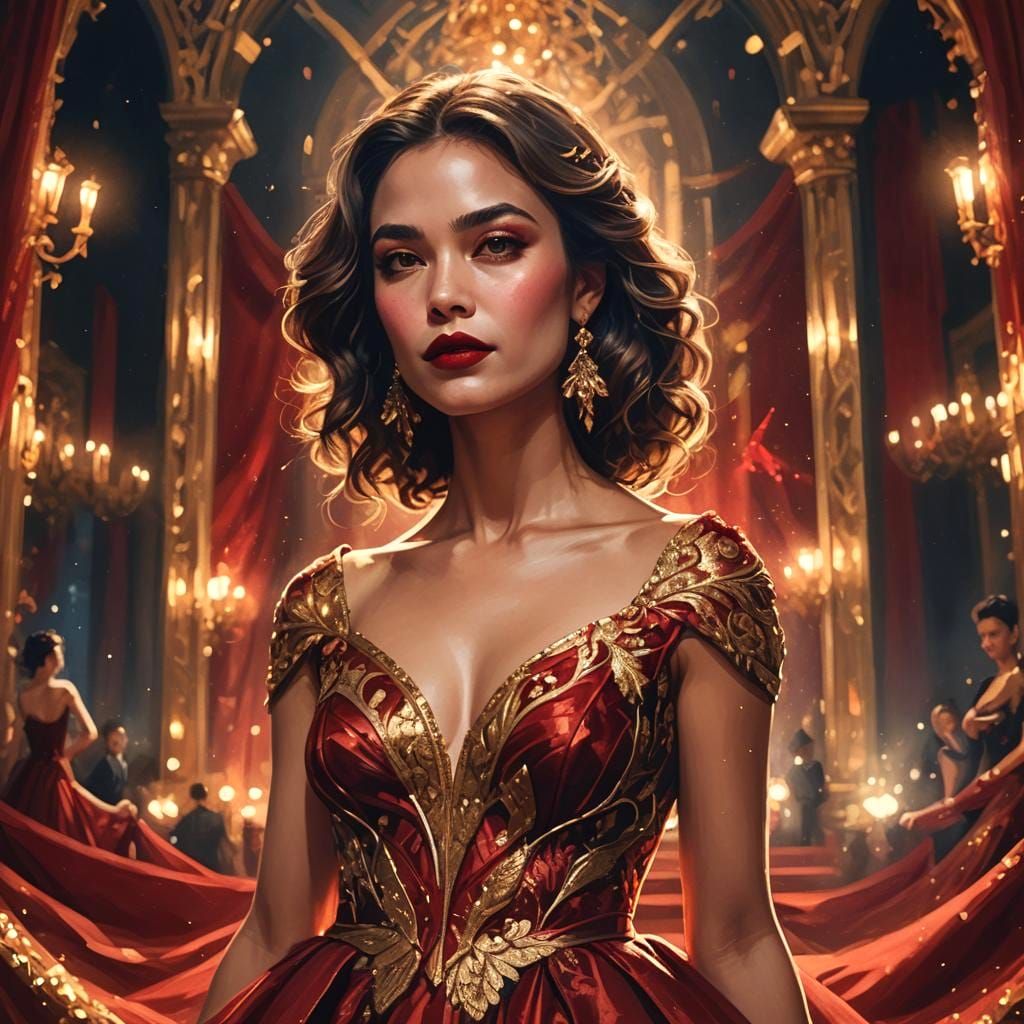 Glamorous Woman on Red Carpet in Scarlet Gown