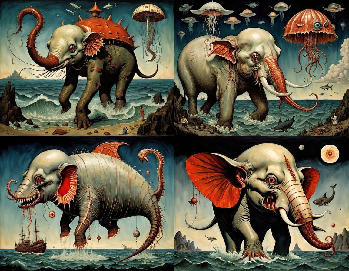 Surreal Ukiyo-E Mutant Sea Creature Oil Painting