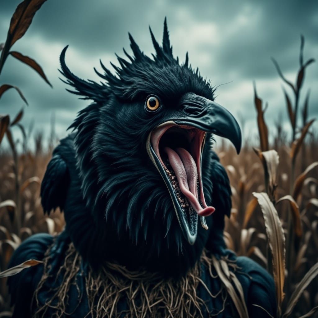Gritty Black and White Crow Portrait in a Corn Field