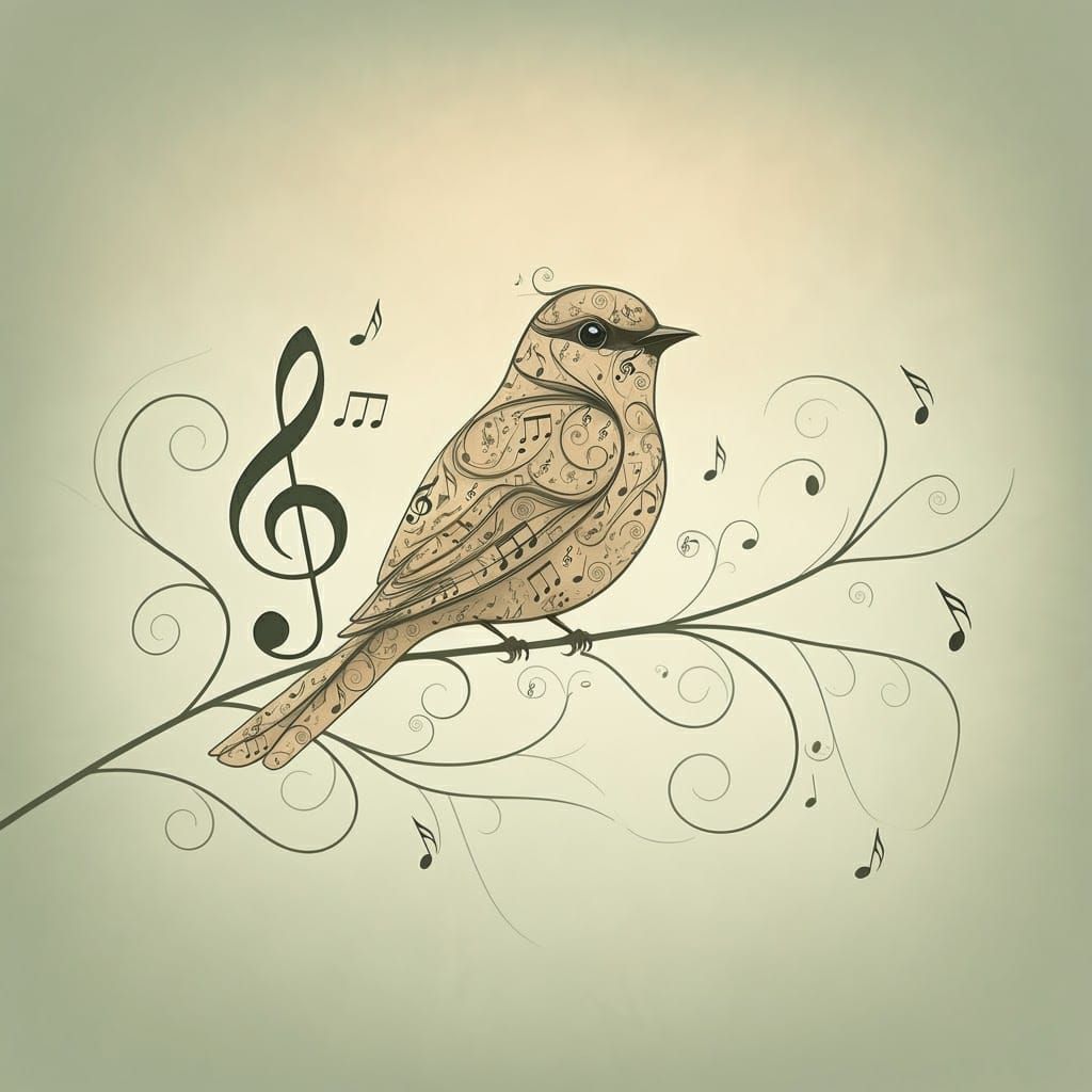Musical Bird on Branch in Dreamy Illustration Style
