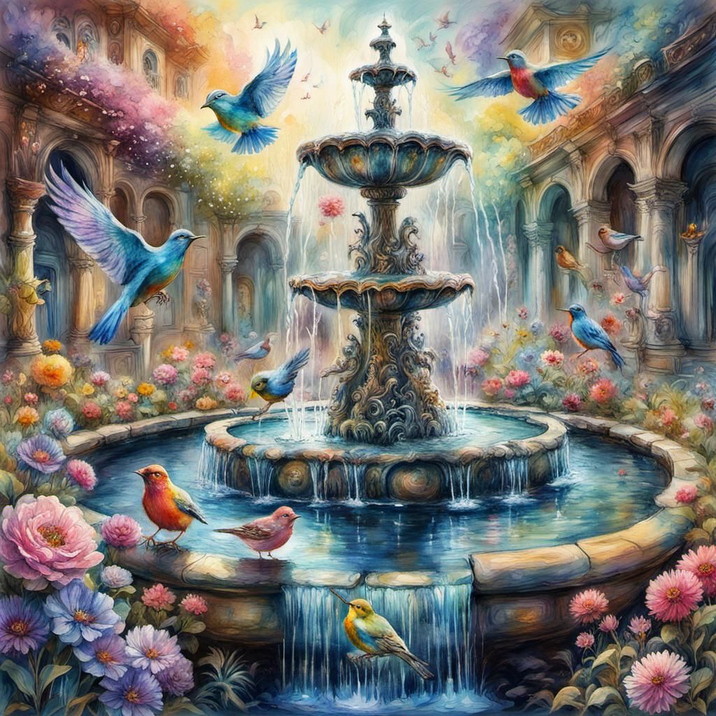 Whimsical colorful birds around fountain