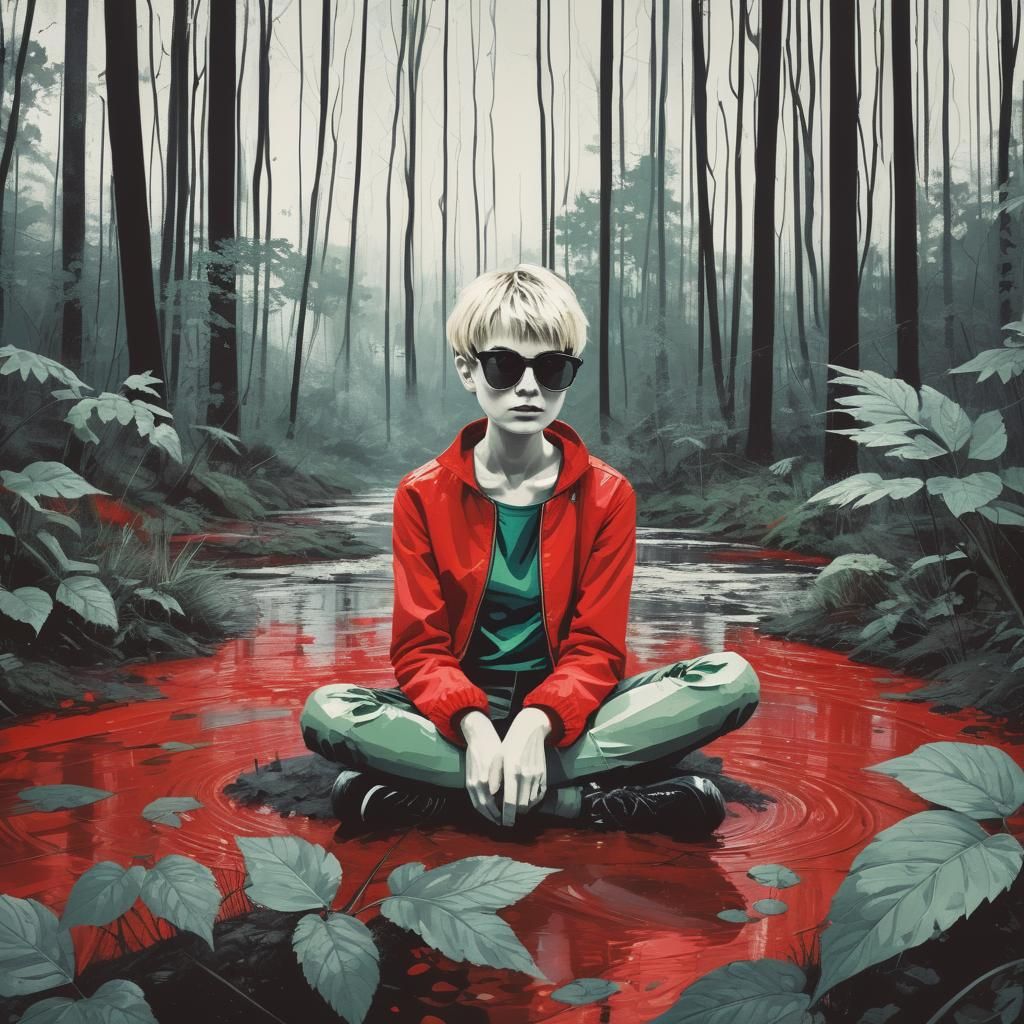 Blonde in Red Jacket in Wet Forest: Abstract Art