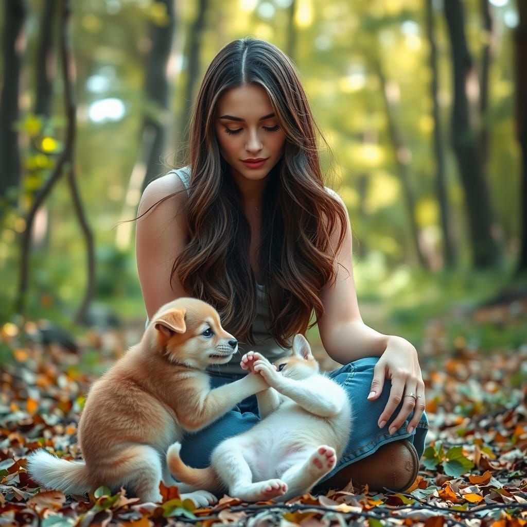 Hyperrealistic Woman with Kitten and Puppy in Forest