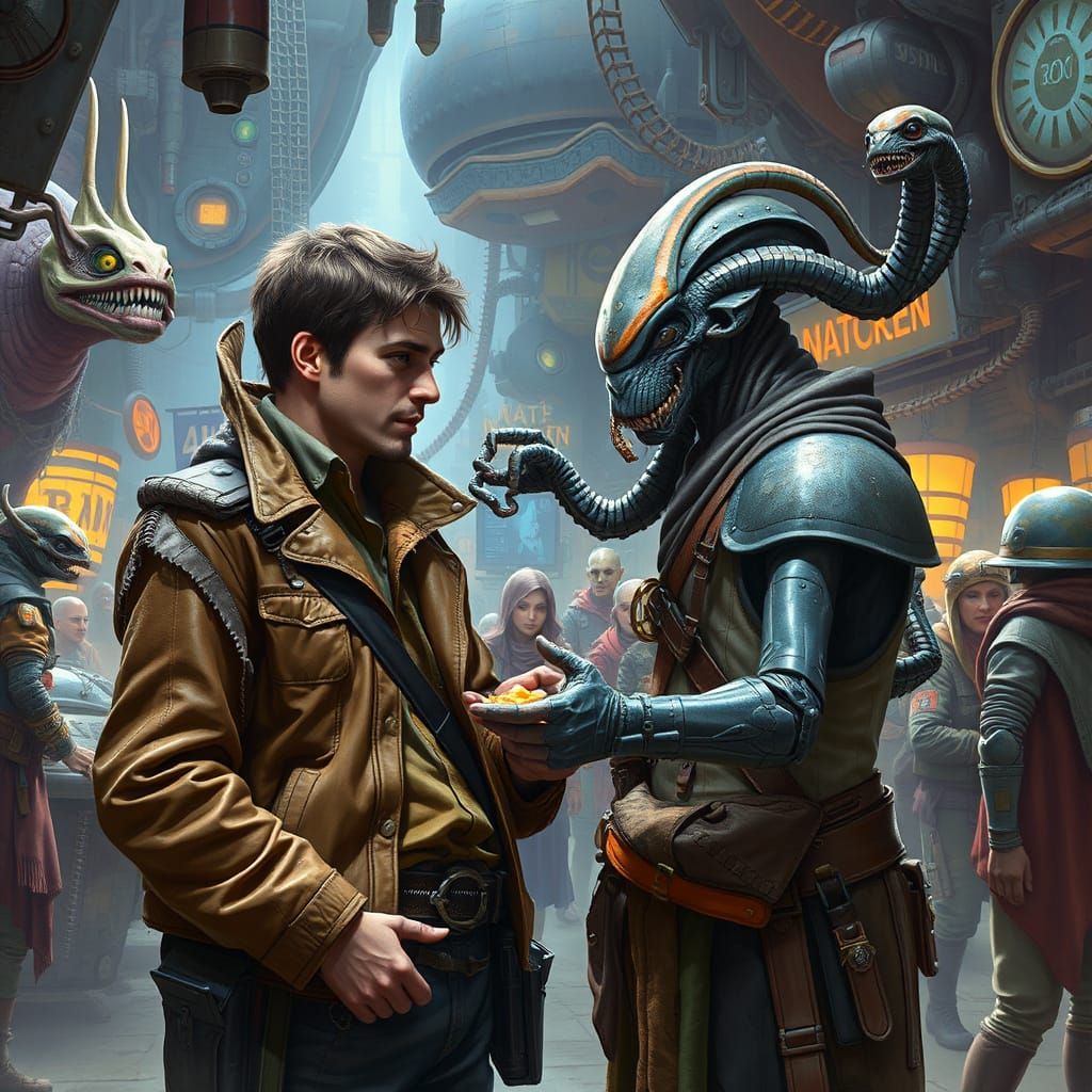 Bustling Alien Marketplace Inspired by Syd Mead