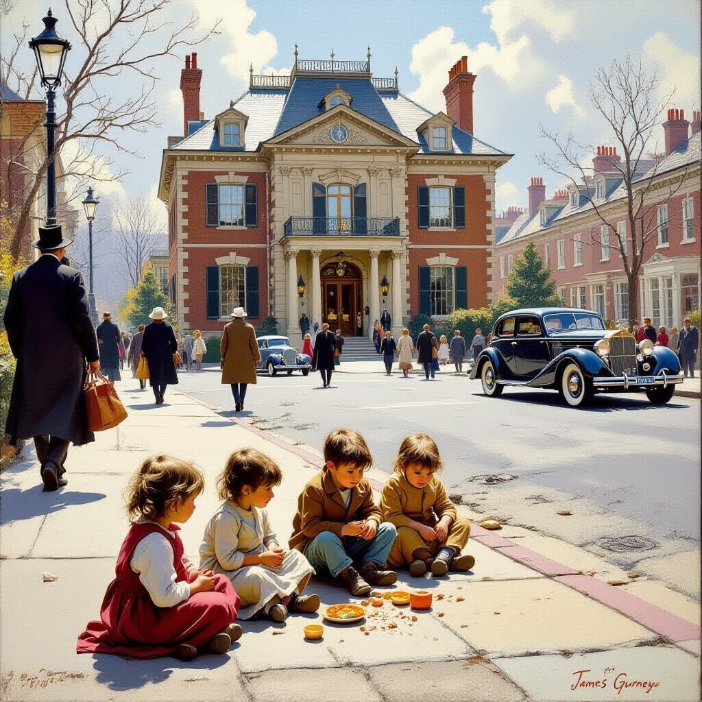 Children Begging Outside Mansion: Oil Painting