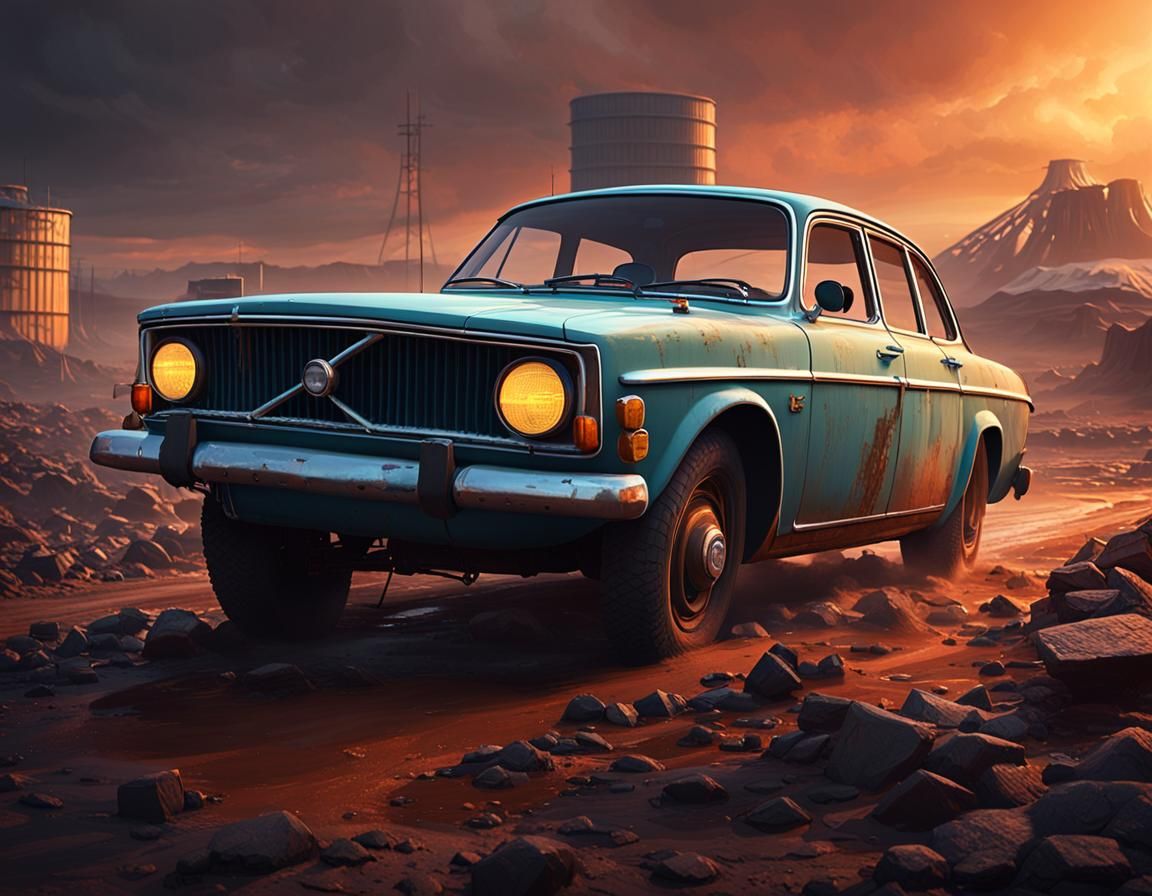 A volvo 142 driving in nuclear wasteland in the evening.