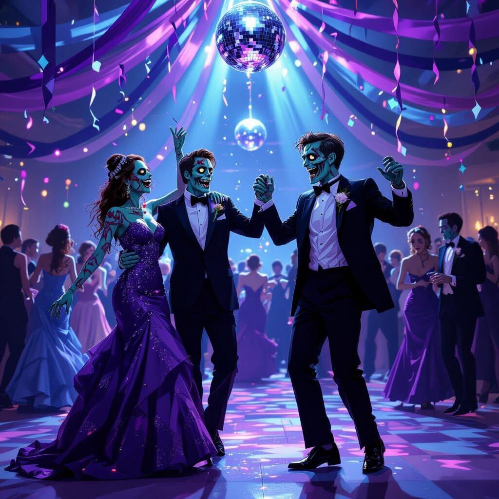 Zombie Prom Night: Dancing Couples in Dramatic Lighting