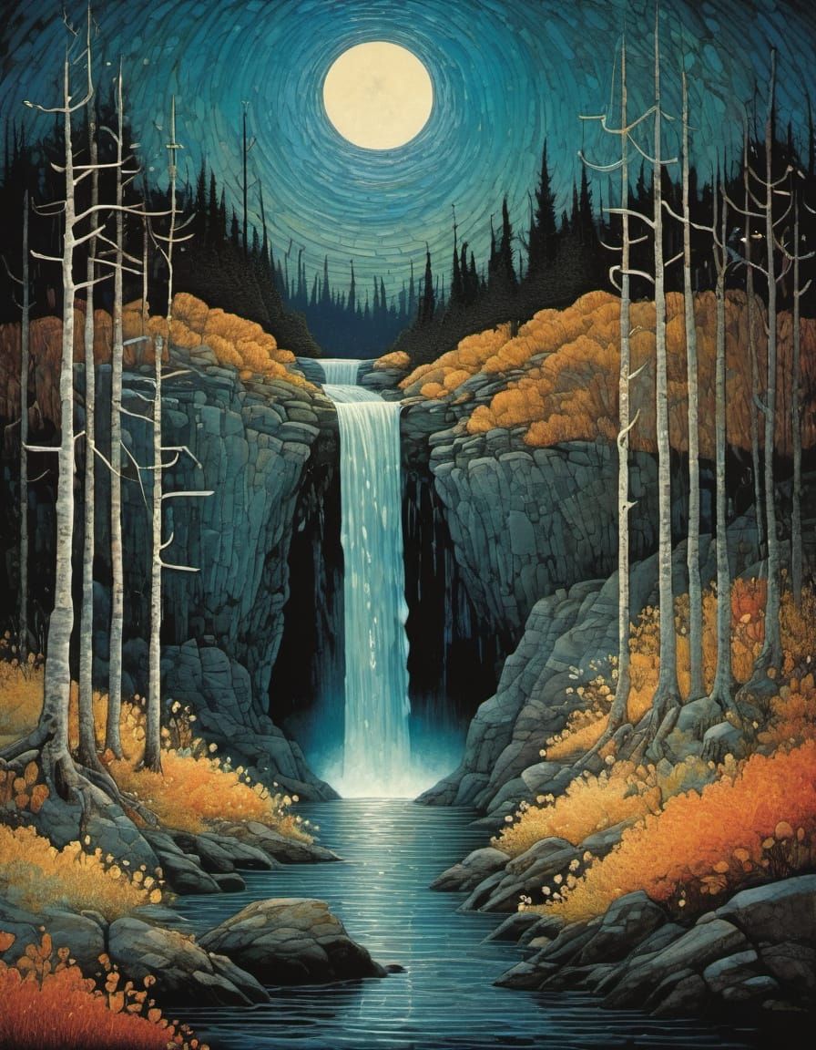 Mystical Waterfall Under Moonlight in Illustrative Style