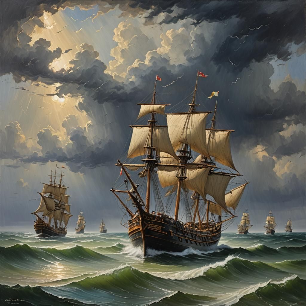 Medieval Sailing Ships on the Horizon in Oil Painting