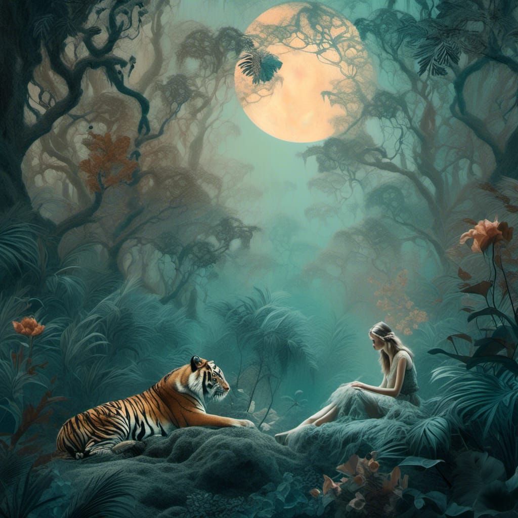 Woman and Tiger in Surreal Moonlit Jungle