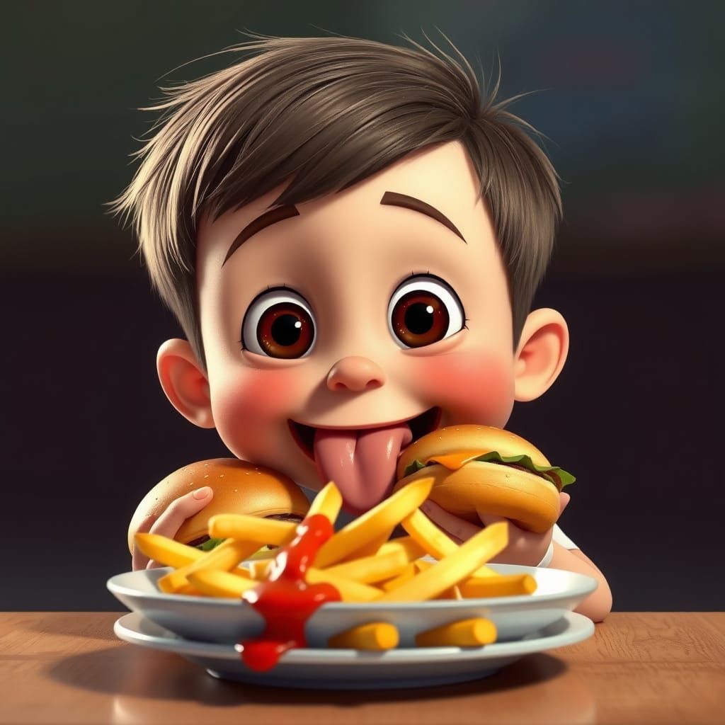 Pixar-Style Boy Enjoys Burgers and Fries