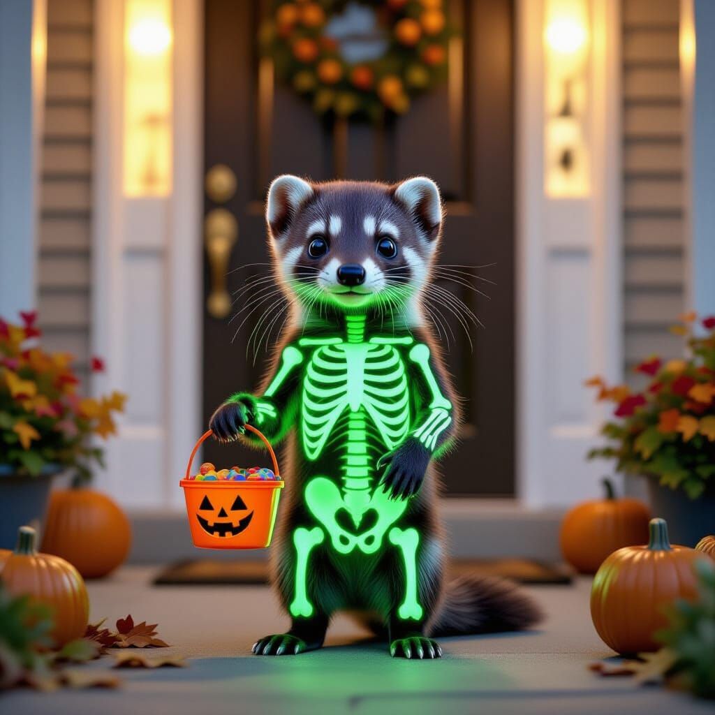 Cute Weasel Trick-or-Treating with Neon Skeleton Design