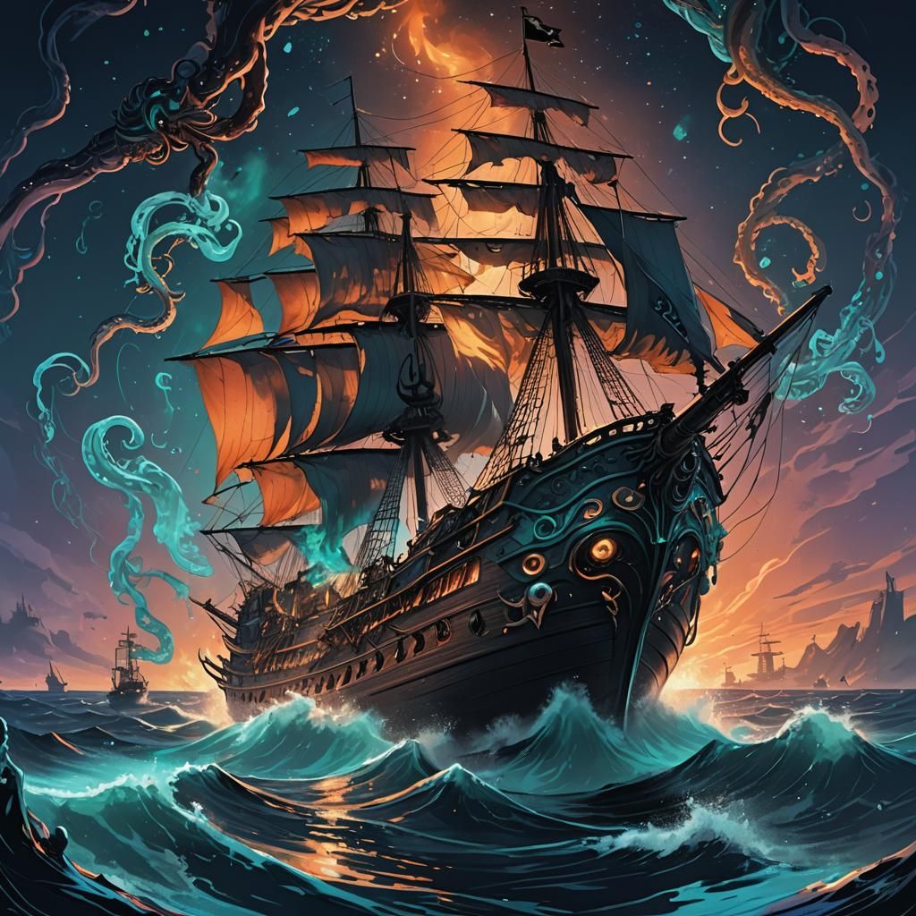 Pirate Ship Under Attack by Giant Squid
