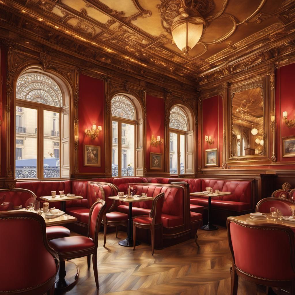 Art Deco Café Interior in Evening Light: Oil Painting