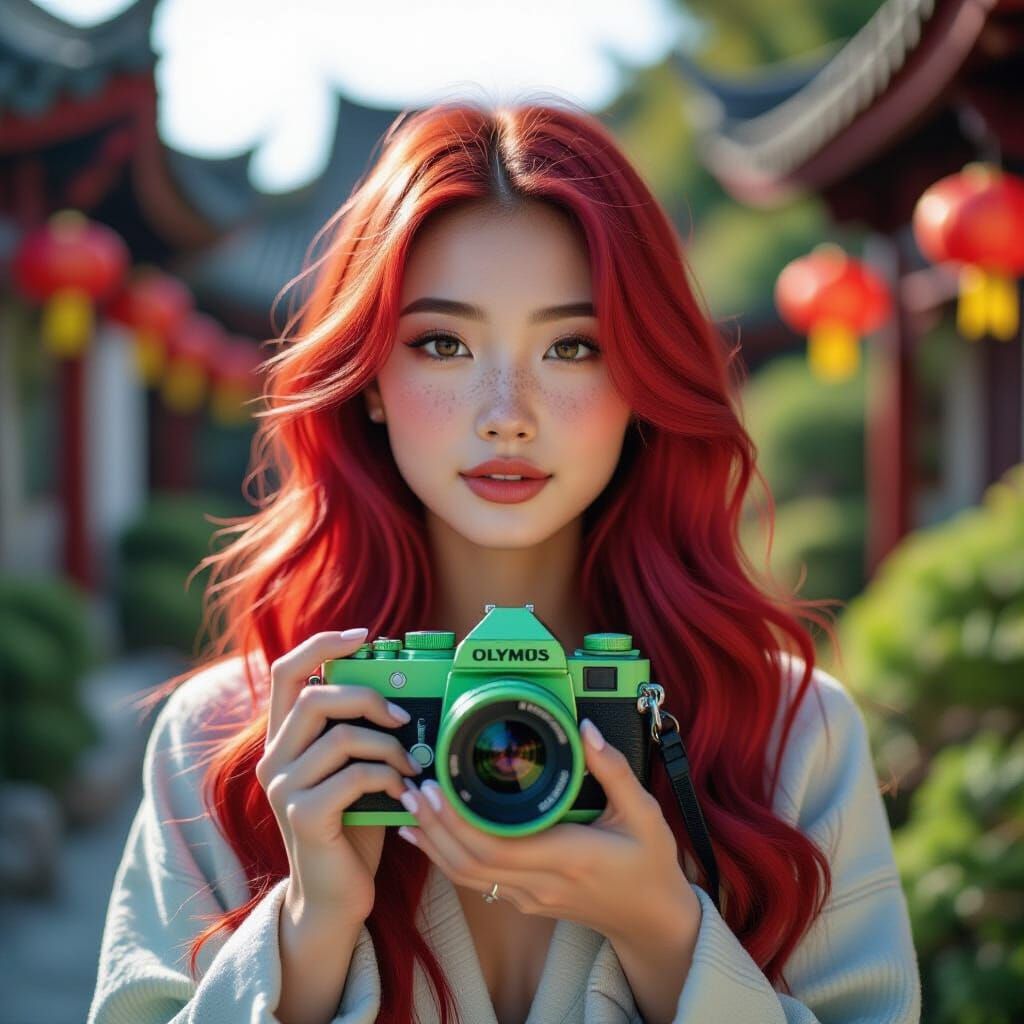 Neon-Haired Woman with Freckles in Vibrant Street Art Style