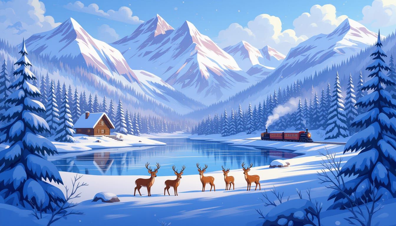 Whimsical Winter Mountain Scene with Deer and Cabin