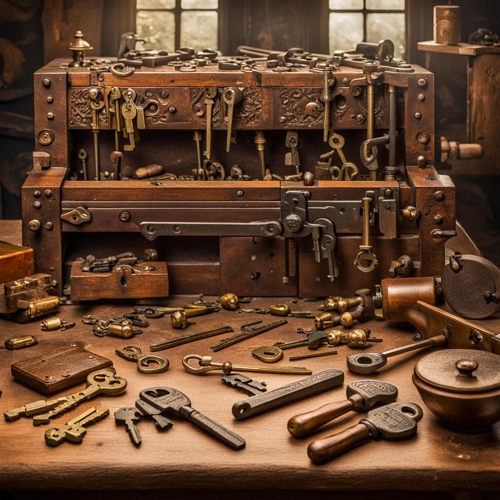 Renaissance Locksmith's Workbench with Detailed Key