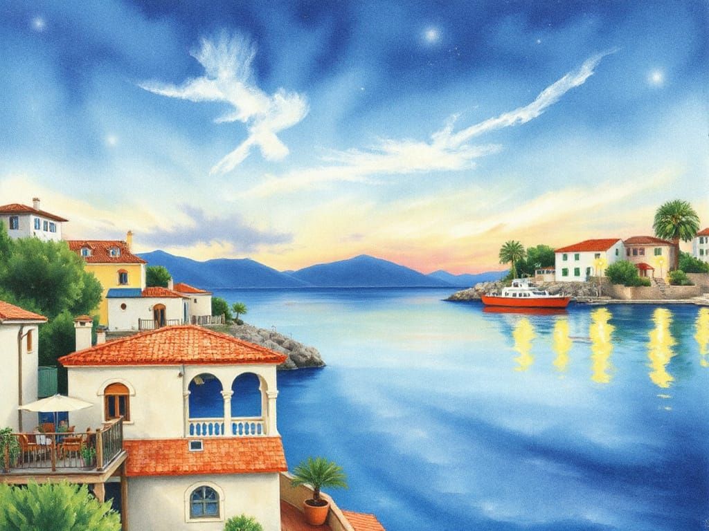 Mediterranean Summer Night Watercolor Painting