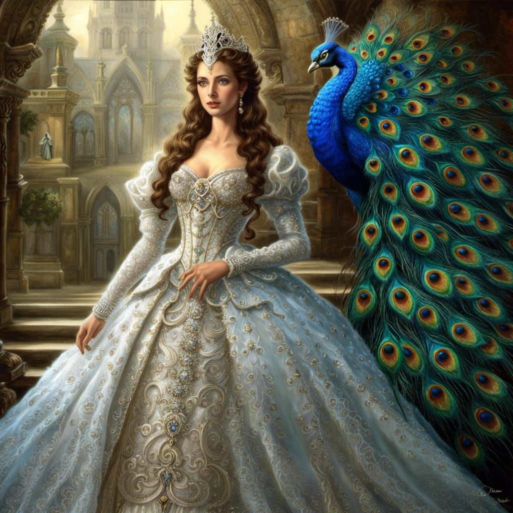 Princess in Peacock Dress: Surreal 3D Render