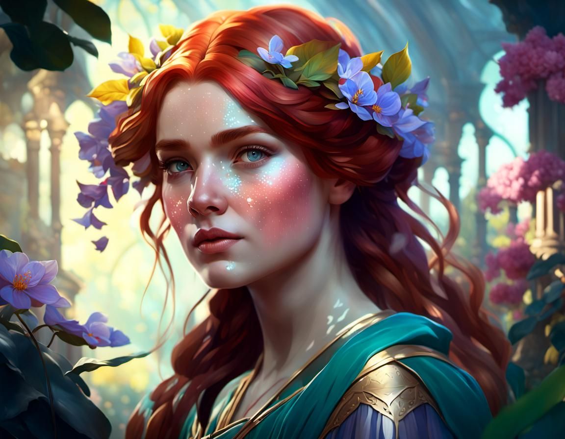 Red-Haired Fairy in Enchanted Landscape, Digital Art
