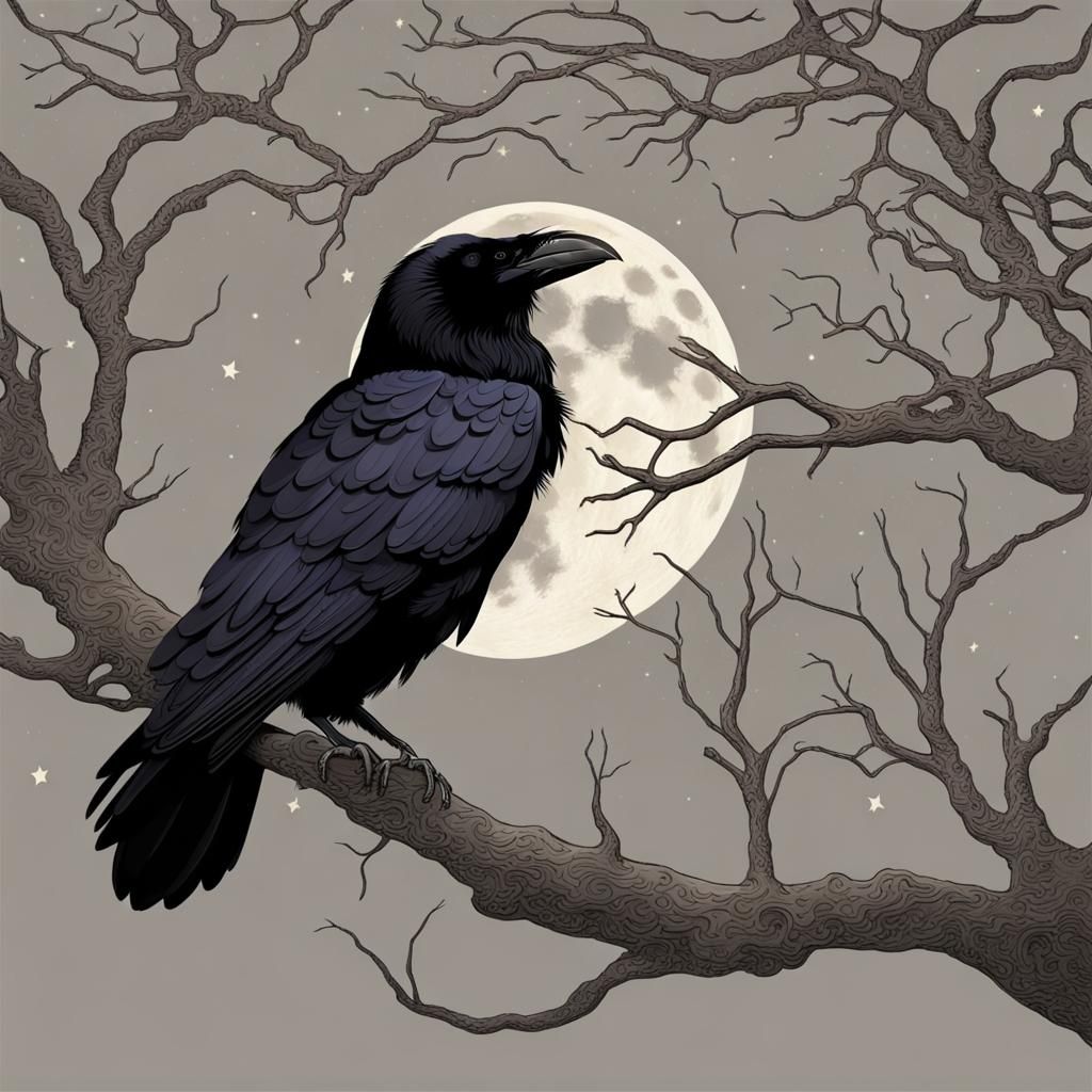 Raven on Branch Under Moonlight