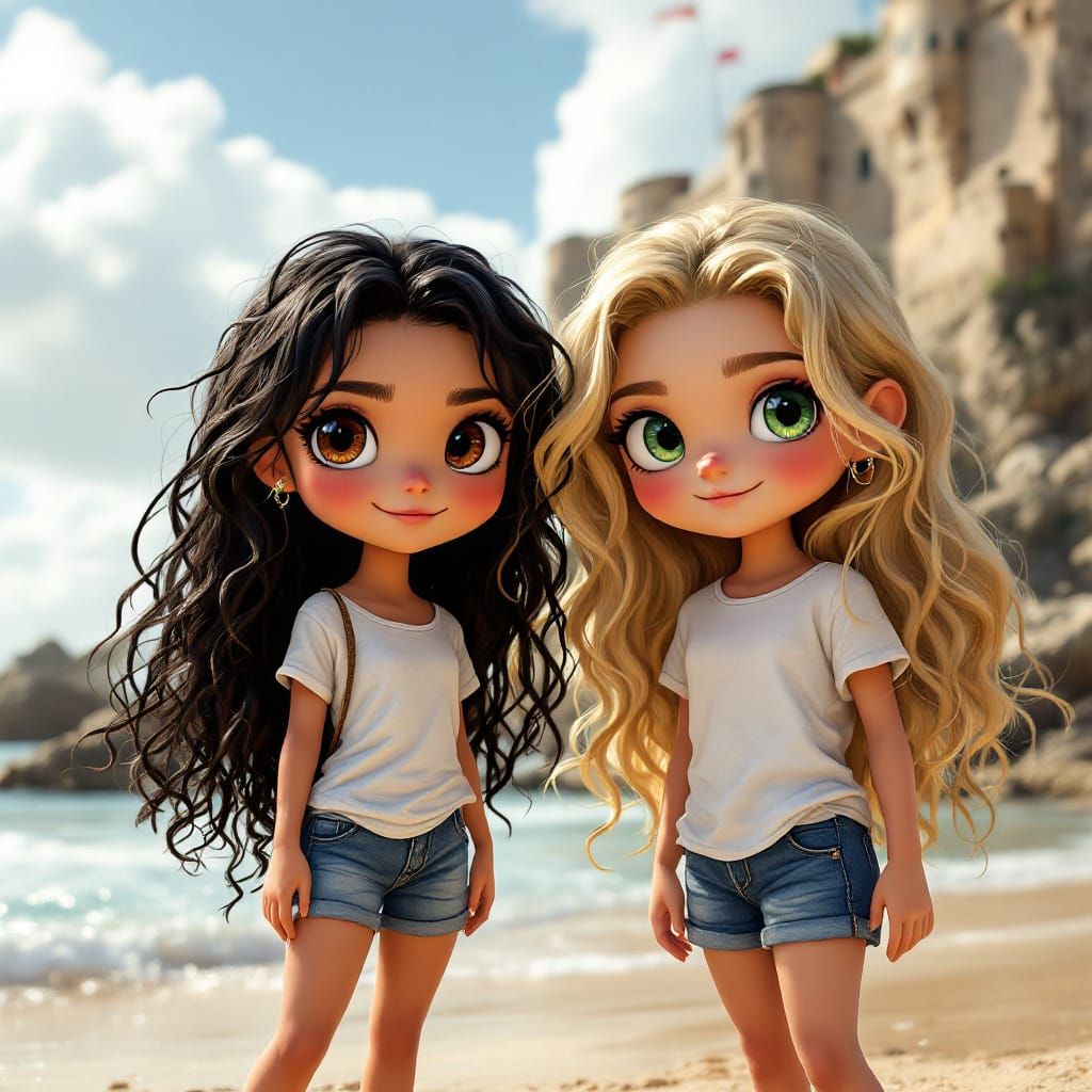 Chibi Women on San Juan Beach with El Morro Backdrop