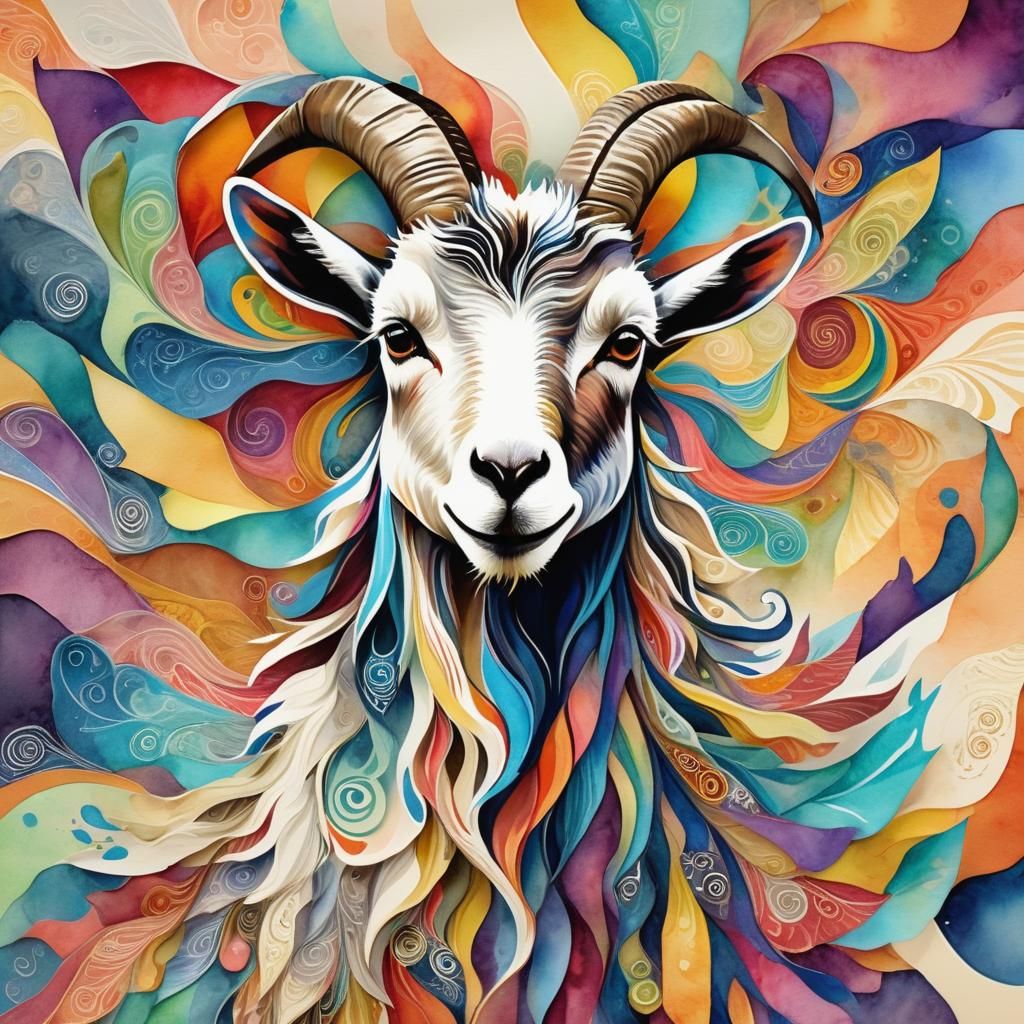 Whimsical Abstract Goat in Colorful Paper Collage