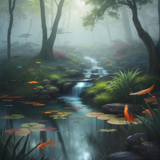 Vibrant Koi in Misty Pond: Fantasy Concept Art