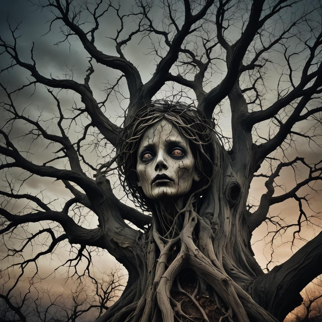 Haunting Tree with Twisted Face in Gothic Art Style
