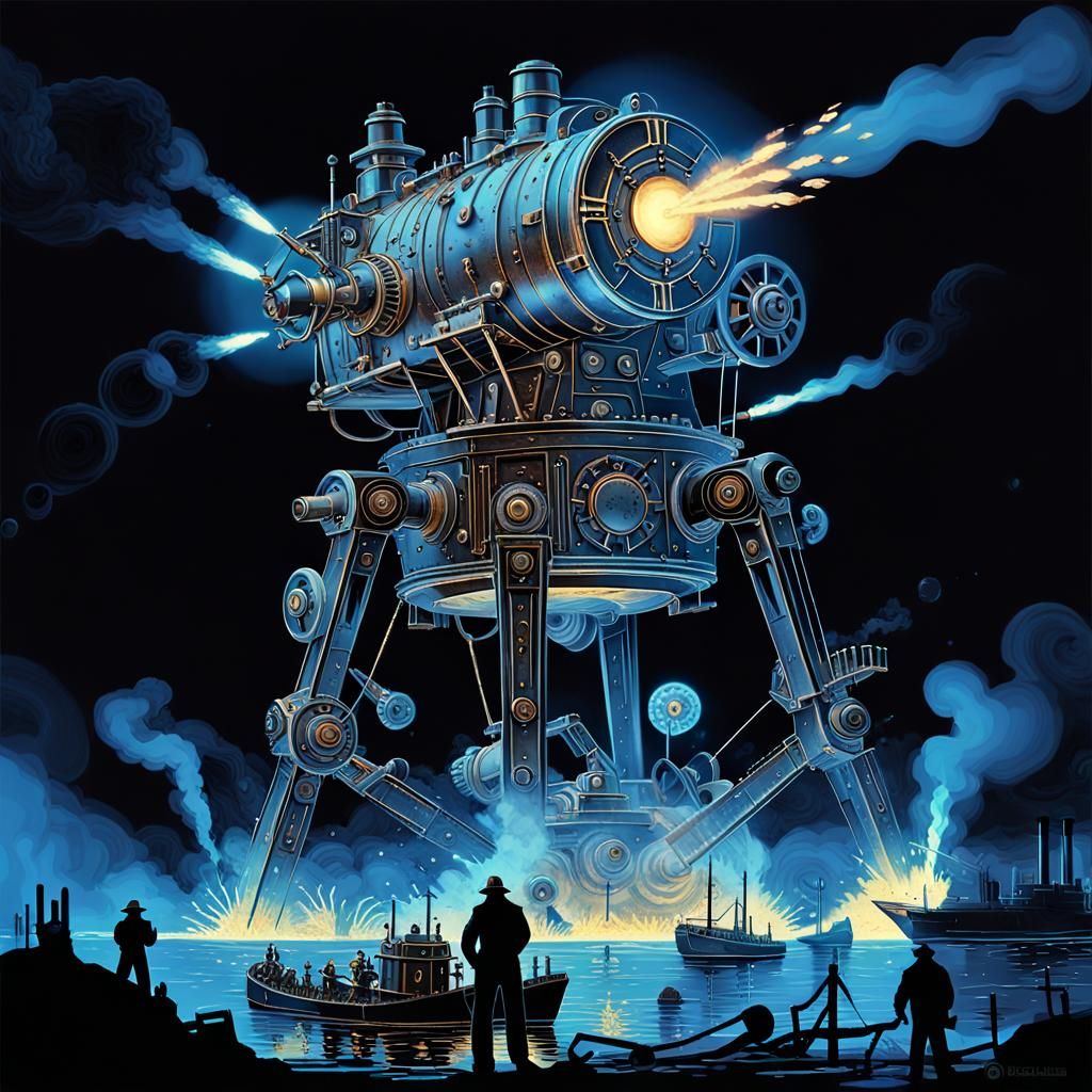 Dieselpunk Steamship Battle with Martian Tripod