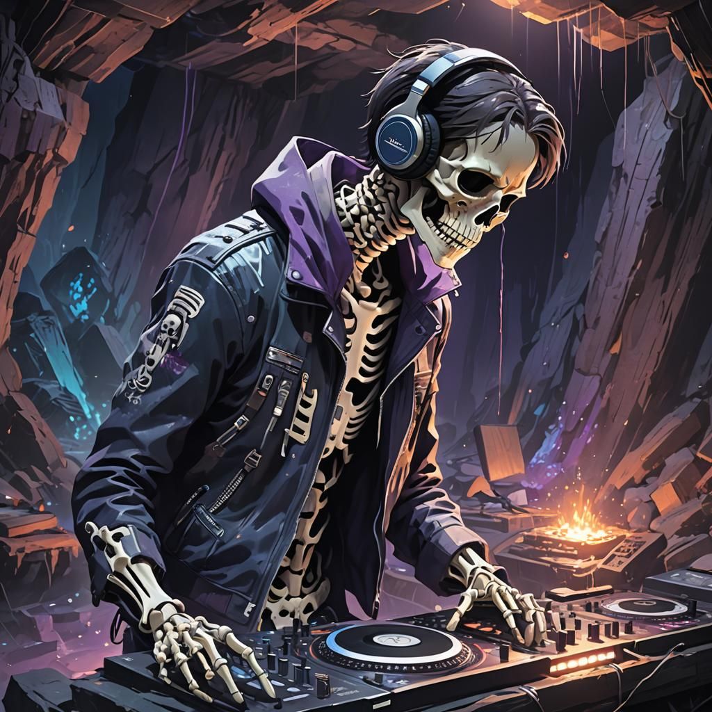 Skeleton DJ in Underworld Cave: Anime Concept Art