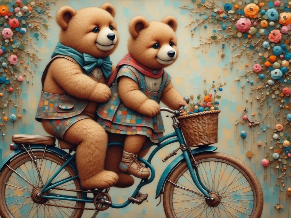 Whimsical Storybook Bear Pedals Through Vibrant Garden