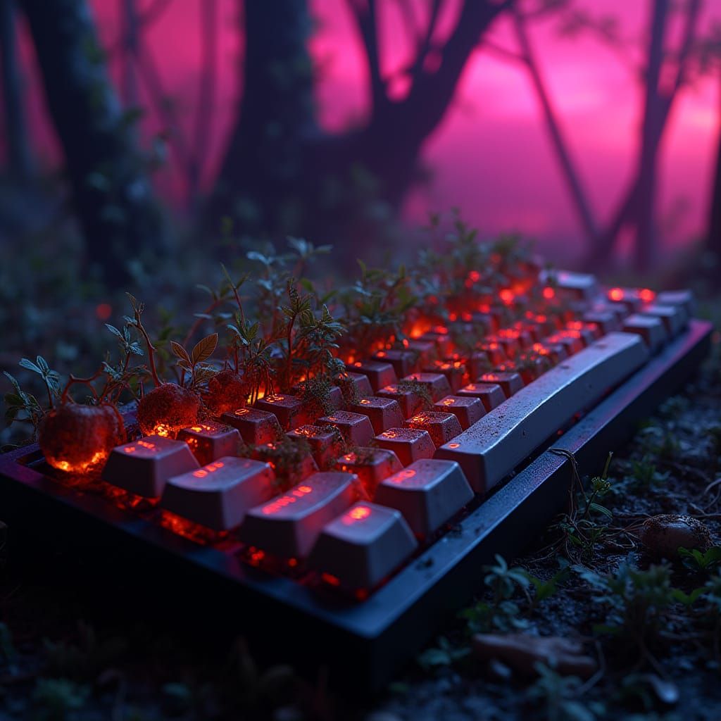 LED Keyboard Overgrown with Weeds, Futuristic Neon Glow