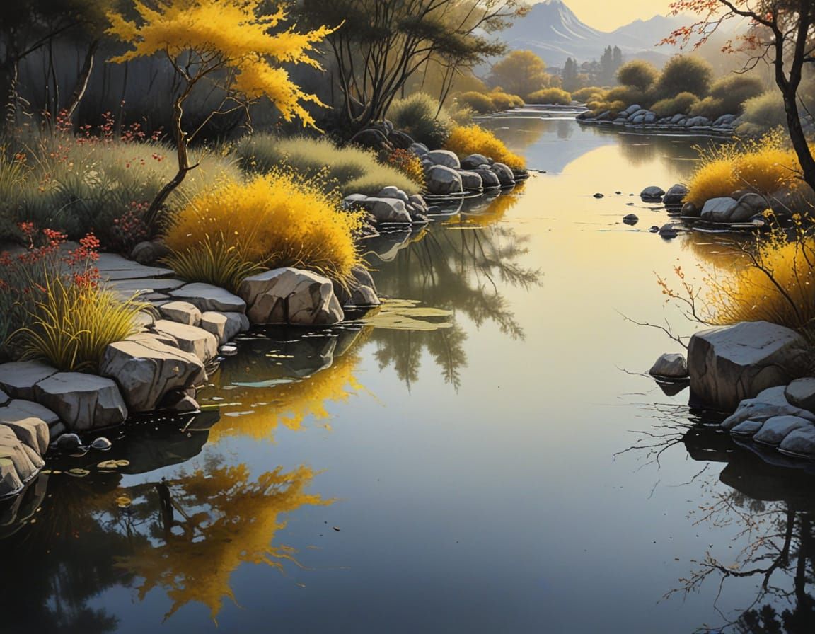 Zen Garden Pond at Sunset in Watercolor Style