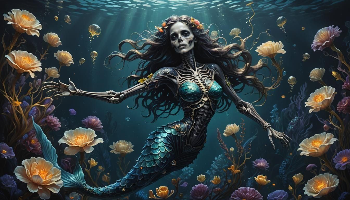 Skeleton Mermaid in Deep Sea Oil Painting