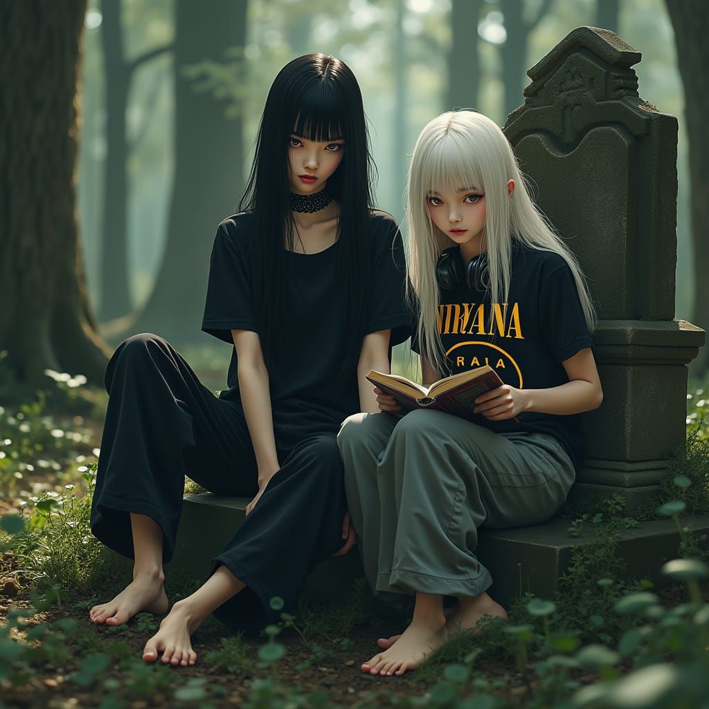 Mysterious Girl Sits on Tombstone in Desolate Cemetery