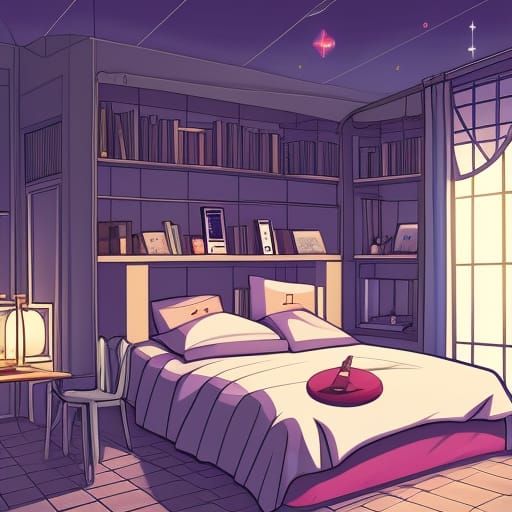 Cozy Bedroom with Bookshelf in Anime Style