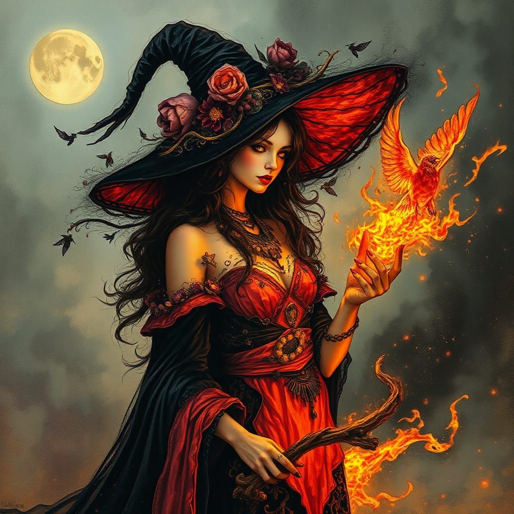 Mysterious Witch Doctor with Firebirds in Surreal Style