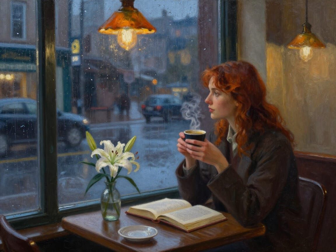 Cozy Cafe Scene: Woman Gazes at Rainy City Dusk