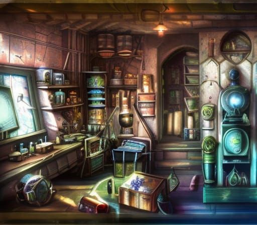 Aetherpunk Alchemy Potions Factory in Hyperrealism