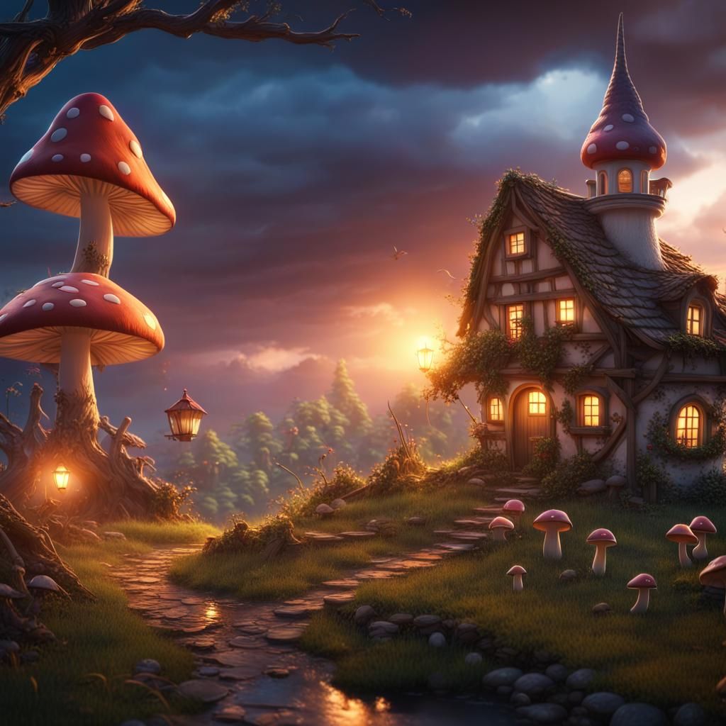 Colorful Fairy Village at Sunset in Matte Painting