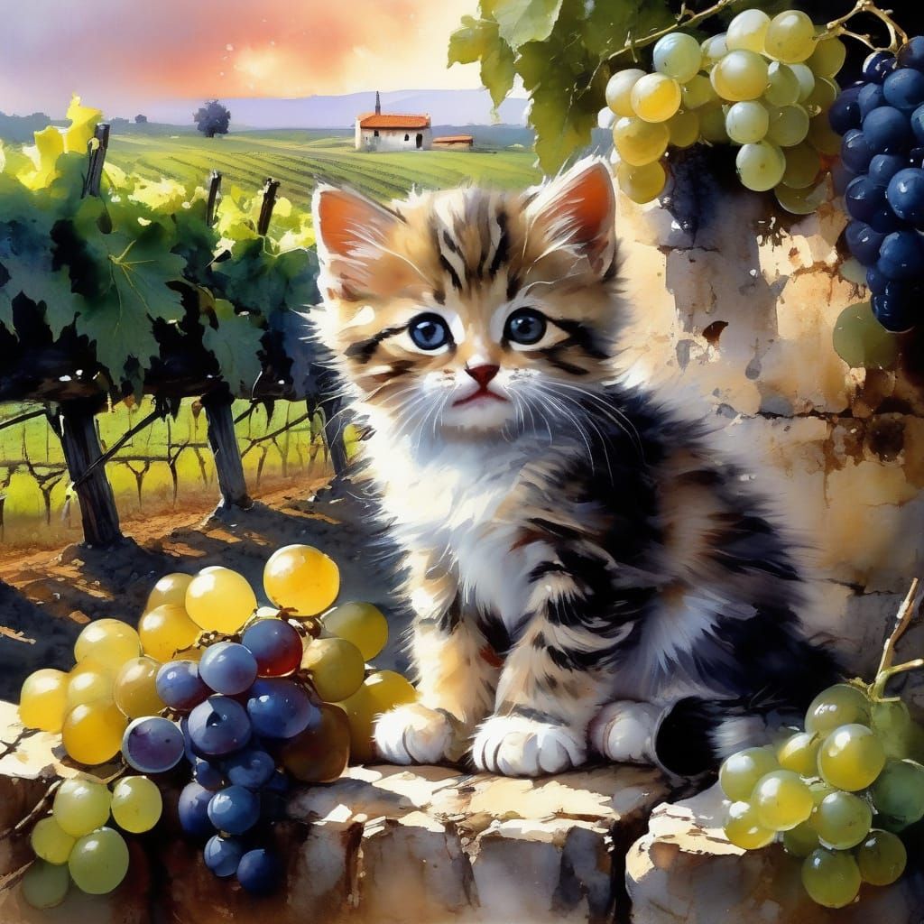 Whimsical Italian Vineyard Scene with Kitten