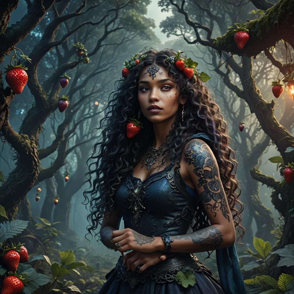 Mystical Black Strawberry Portrait in a Fantasy Forest