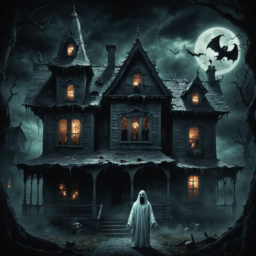 Eerie Haunted House Interior with Evil Ghost