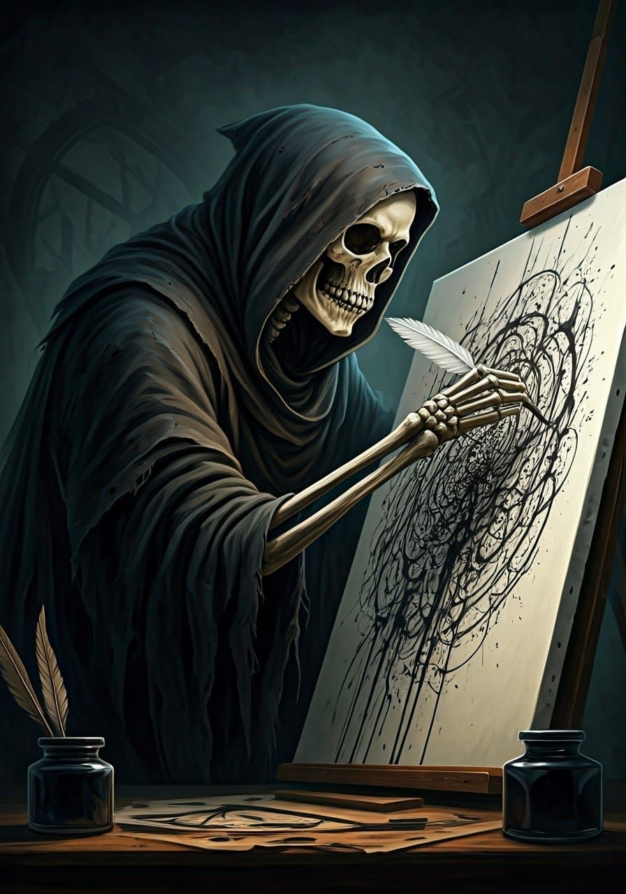 Skeleton Creates Ink Splatter Art in Eerie Studio