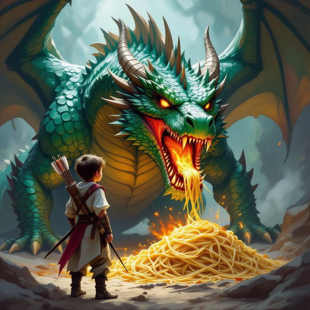 Boy Facing Dragon Eating Spaghetti in Fantasy Art Style